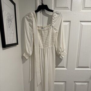 Intermix | Deanna Women's Size 0 White Satin Smocked Puff Sleeve Jumpsuit